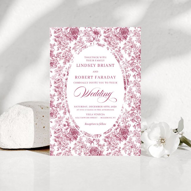 Invitación de boda de rosas de toile rosa y blanco (Pink and White Toile Roses Wedding Invitation)