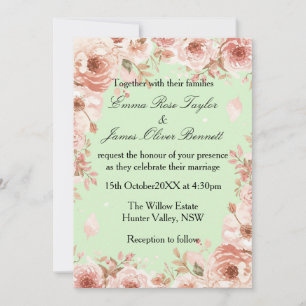 Invitación de boda de rosas menta y rosadas person
