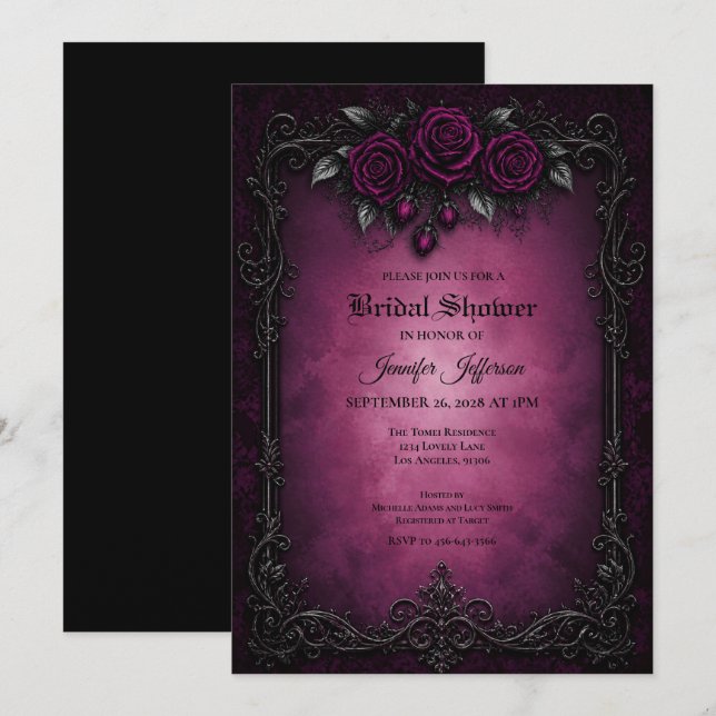 invitación de boda de rosas púrpuras góticas (Anverso / Reverso)