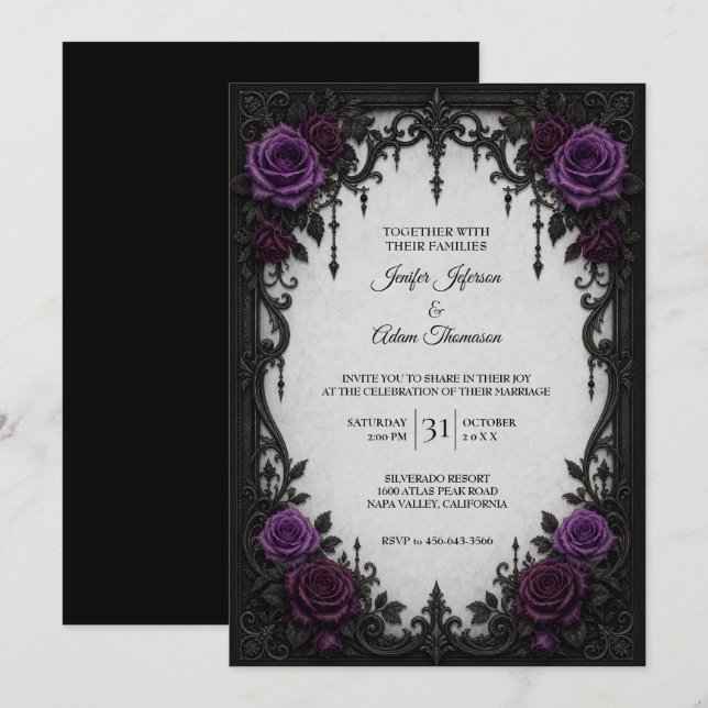 Invitación de boda de Rosas Purpúreas (Anverso / Reverso)