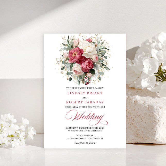 Invitación de boda de rosas rojas blancas doradas  (Pretty Bohemian Red White Gold Roses Wedding Invite

)