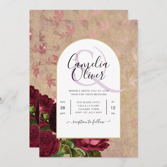 Invitación de boda de rosas rojas botánicas vintag (Anverso / Reverso)