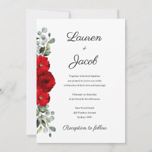 Invitación de boda de rosas rojas y eucalipto