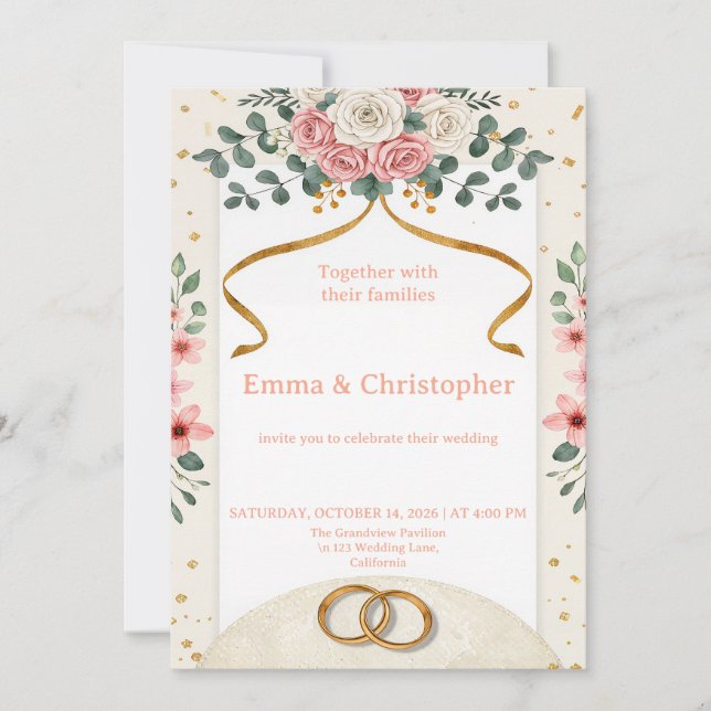 Invitación de boda de rosas rosadas elegantes (Anverso)