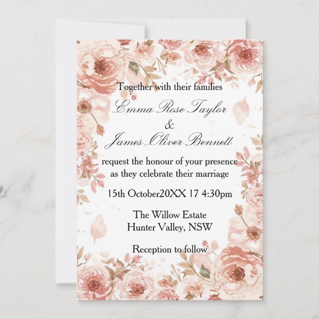 Invitación de boda de rosas rosadas florales perso (Anverso)