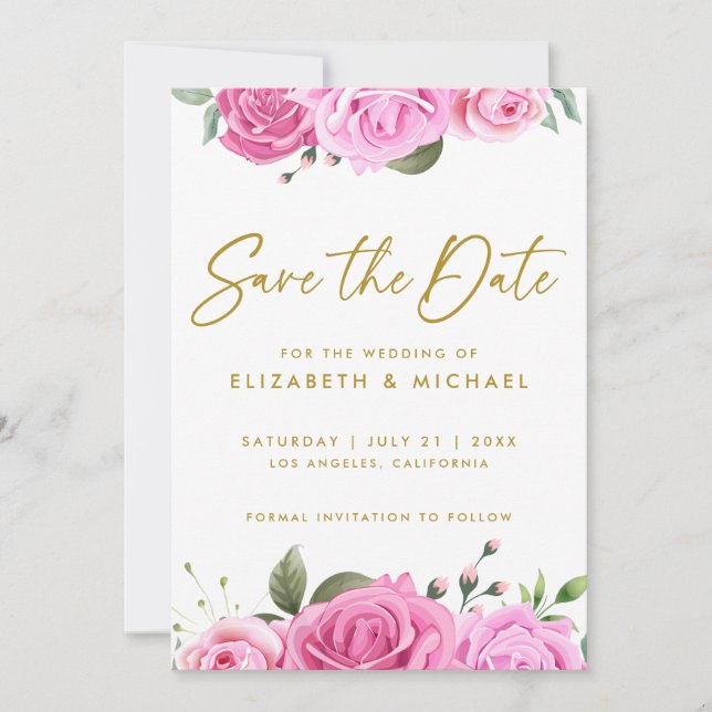 Invitación de boda de rosas rosadas para guardar l (Anverso)