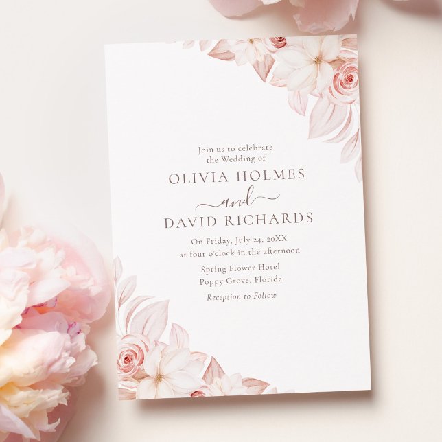 Invitación de Boda de Rosas Rosadas Suaves Románti (Romantic White and Pink Roses Wedding Invitation on a pink table with pale pink peonies.)