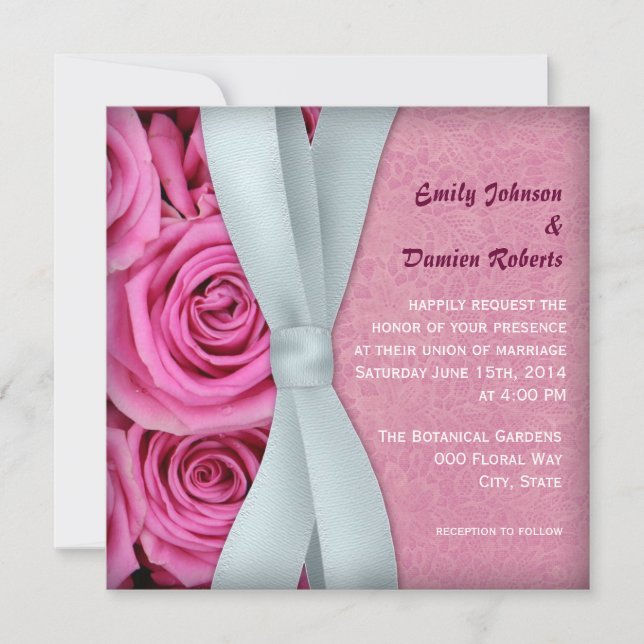 Invitación de boda de rosas rosadas y encaje (Anverso)