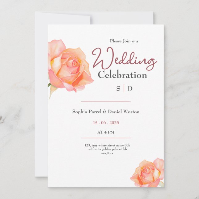 Invitación de boda de rosas rubor de melocotón dor (Anverso)
