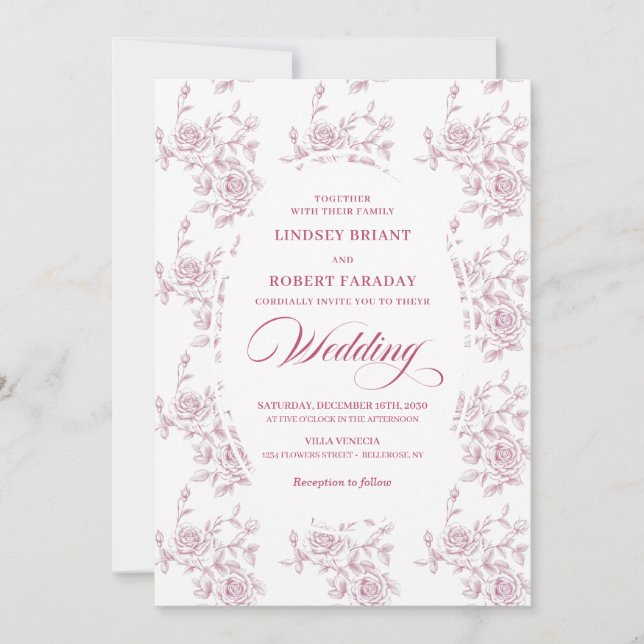 Invitación de boda de rosas Toile Clásicas Frances (Anverso)