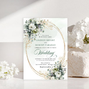 Invitación de boda de rosas verdes y doradas de lu