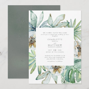 Invitación de boda de salvia con follaje tropical 