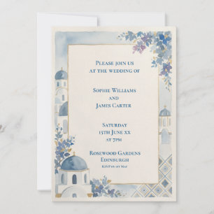 Invitación de boda de Santorini floral azul
