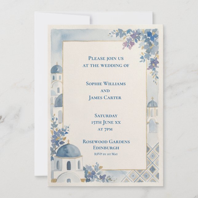 Invitación de boda de Santorini floral azul (Anverso)