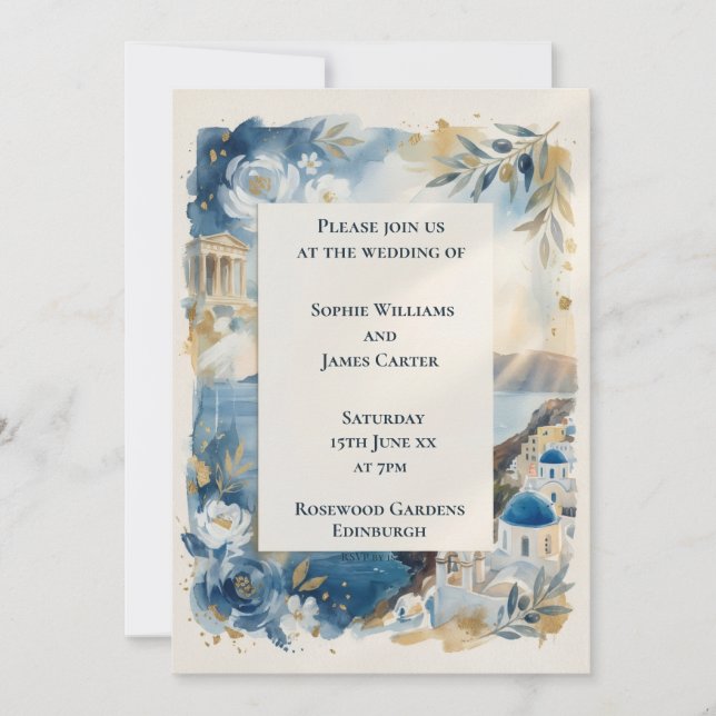 Invitación de boda de Santorini floral azul (Anverso)