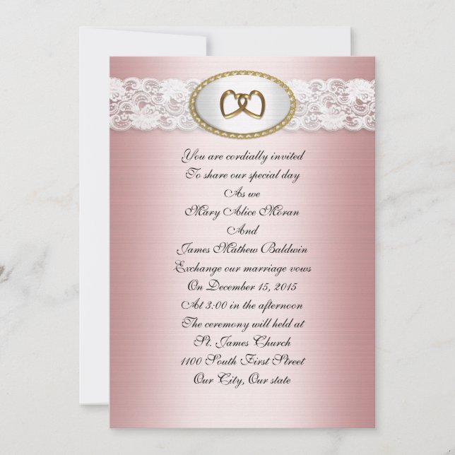 Invitación de boda de satén y encaje Rosa (Anverso)
