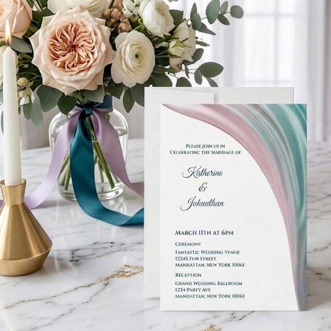 Invitación de boda de seda azul verde y rubor (Teal & Blush Silk Wedding Invitation )