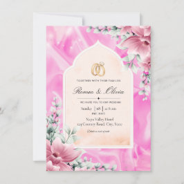 Invitación de boda de seda rosa de lujo y floral a