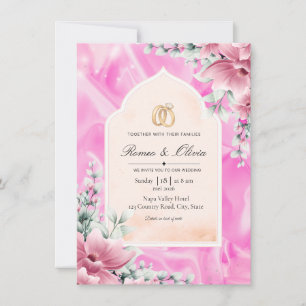 Invitación de boda de seda rosa de lujo y floral a