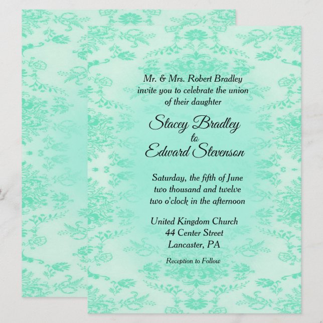 Invitación de boda de seda verde menta (Anverso / Reverso)