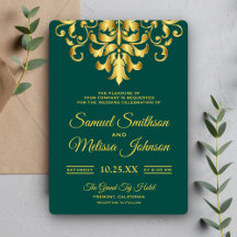 Invitación de boda de seda verde y oro elegante