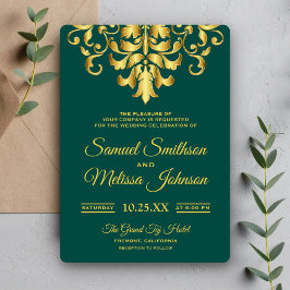 Invitación de boda de seda verde y oro elegante