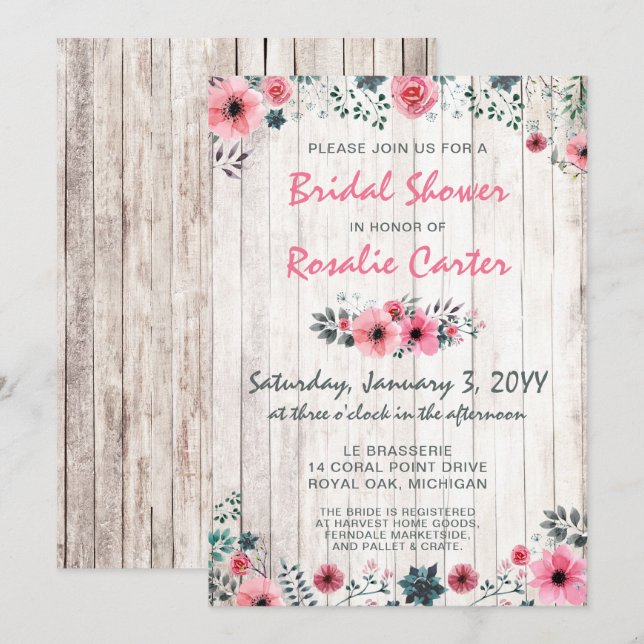 Invitación de Boda de Shabby Roses de Madera Rústi (Anverso / Reverso)
