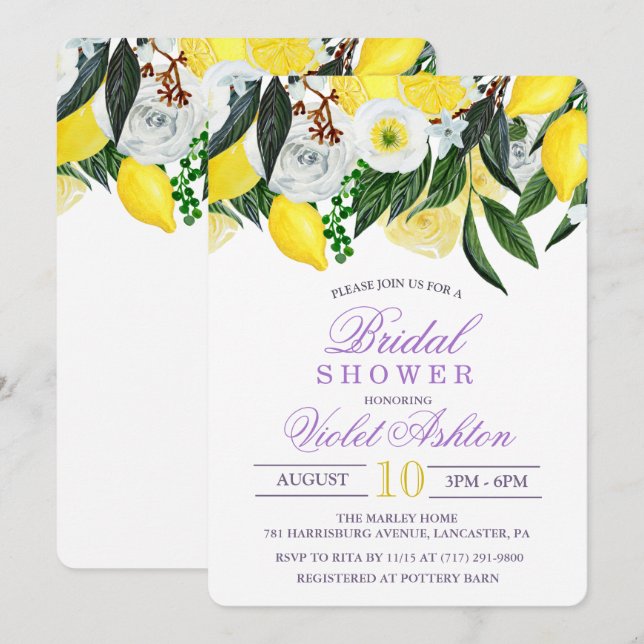 Invitación de boda de shower floral de limón acuar (Anverso / Reverso)