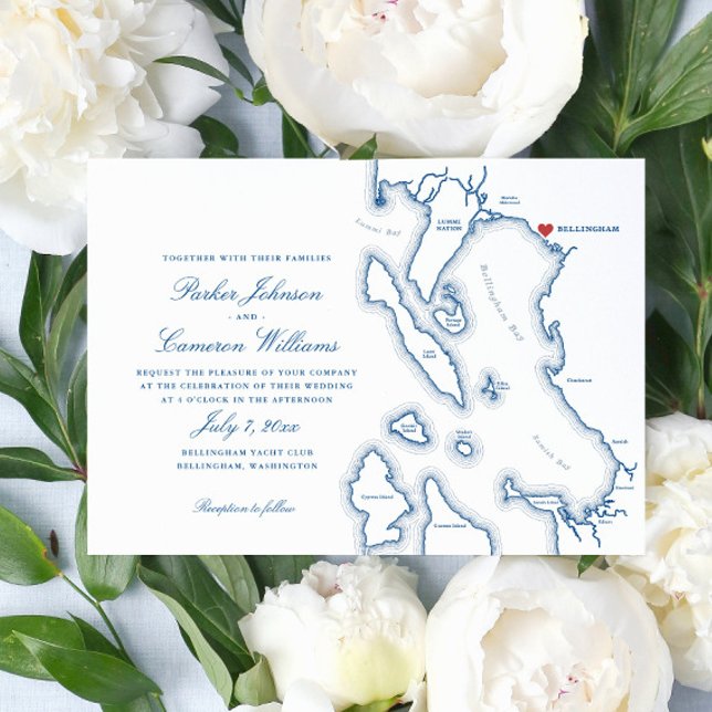 Invitación de boda de Squalicum Boathouse Bellingh (Elegant Bellingham Washington  Map wedding invitation in navy blue from Coastal Map Designs)