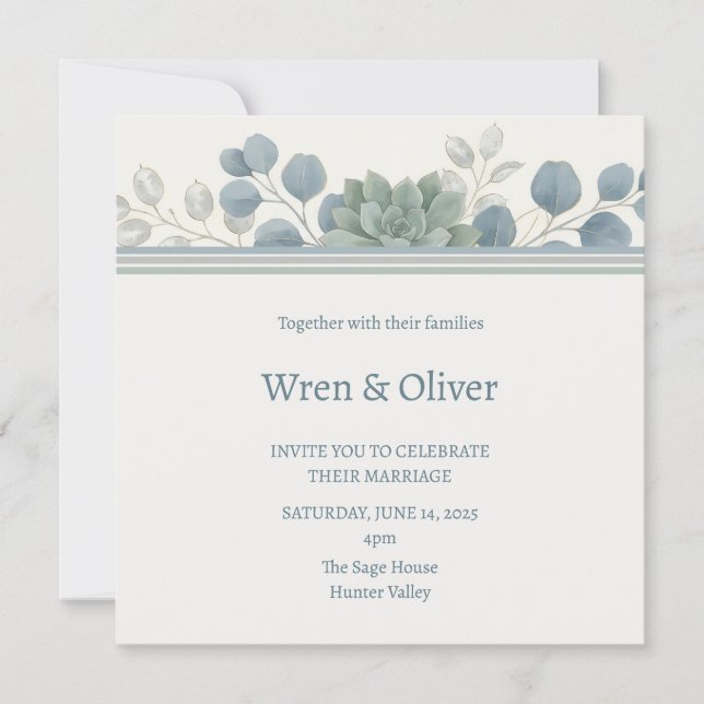 Invitación de boda de suculenta eucalipto azul pol (Anverso)