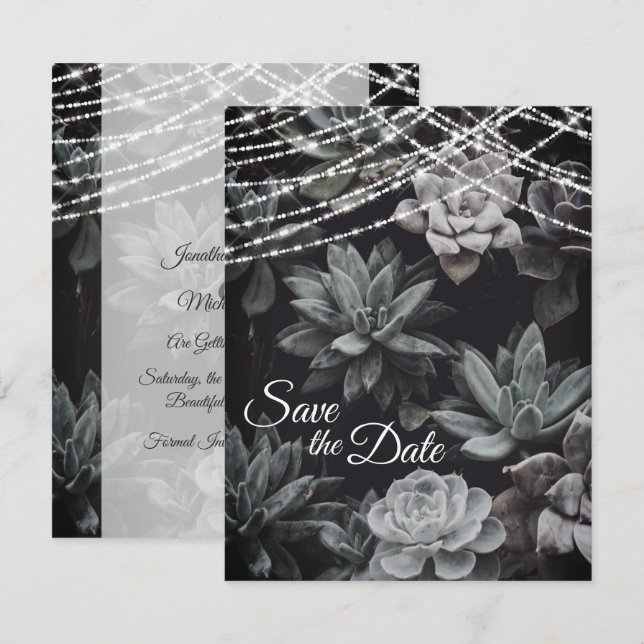 Invitación de boda de suculentas y luces para guar (Anverso / Reverso)