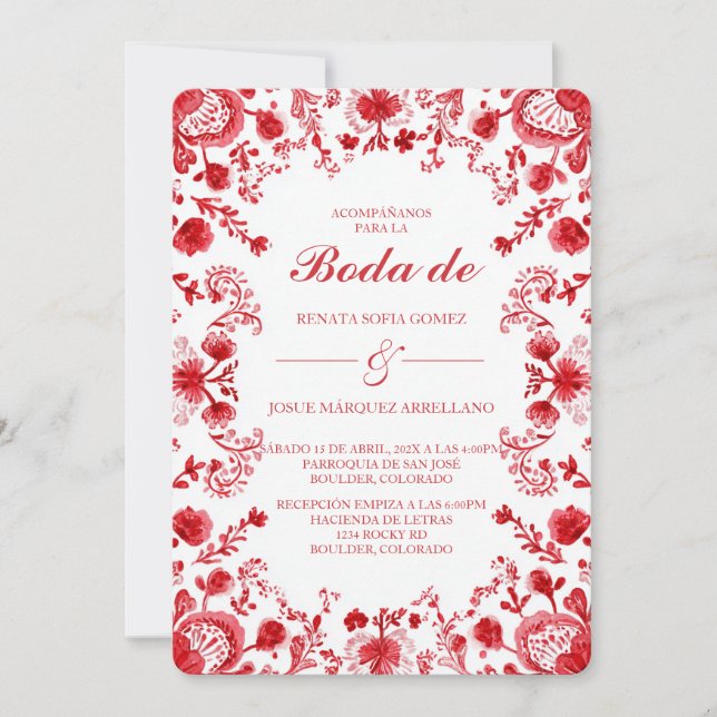 Invitación de boda de Talavera Roja en español (Anverso)