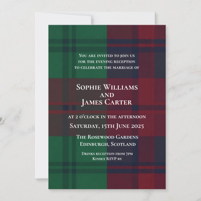 Invitación de boda de tartán a cuadros rojo verde  (Anverso)