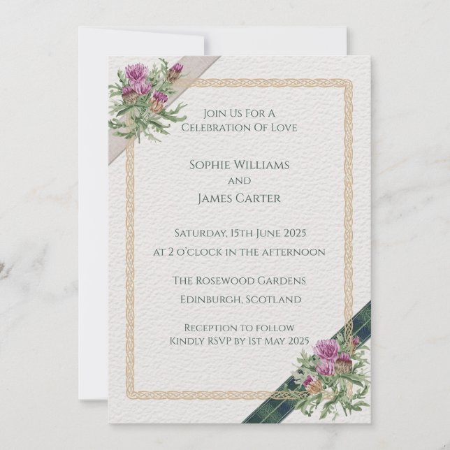 Invitación de boda de Tartán Celta Cardo Escocés (Anverso)