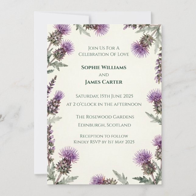 Invitación de boda de tartán celta con cardo escoc (Anverso)