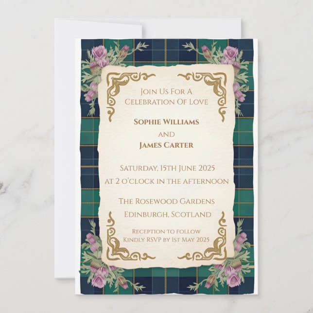 Invitación de boda de tartán celta con cardo escoc (Anverso)