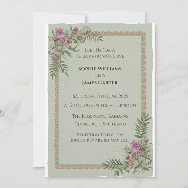 Invitación de boda de tartán celta con cardo escoc (Anverso)