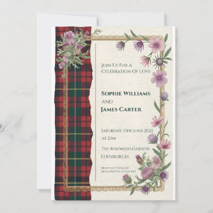 Invitación de boda de tartán celta con cardo escoc