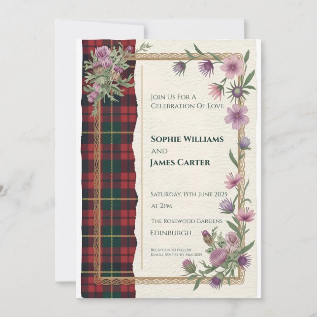 Invitación de boda de tartán celta con cardo escoc (Anverso)