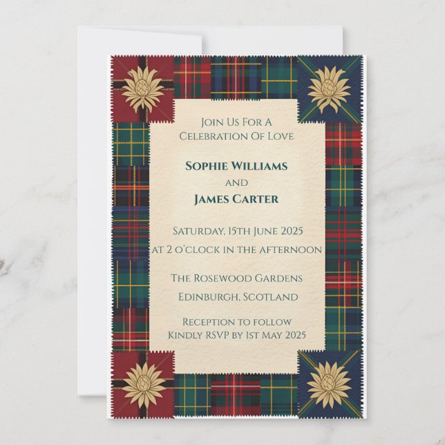 Invitación de boda de tartán celta con cardo escoc (Anverso)