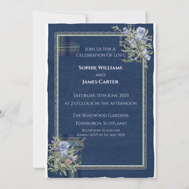 Invitación de boda de tartán celta con cardo escoc (Anverso)