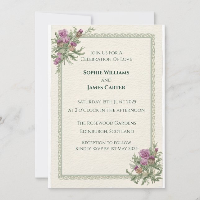Invitación de boda de tartán celta de cardo escocé (Anverso)