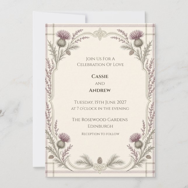 Invitación de boda de tartán de cardo escocés (Anverso)