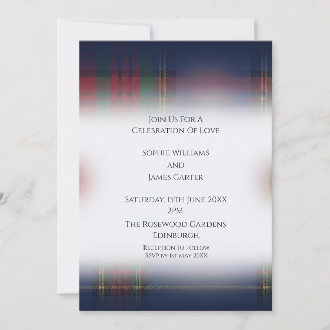 Invitación de boda de tartán naval (Anverso)