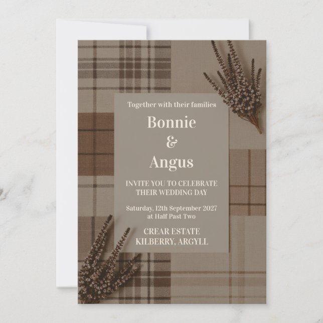 Invitación de boda de tartán rústico a cuadros con (Anverso)