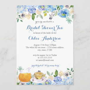 Invitación de boda de taza de té floral azul