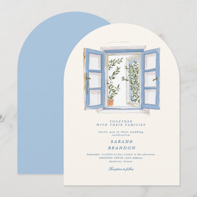Invitación de boda de teja azul oliva acuarela Gre (Anverso / Reverso)