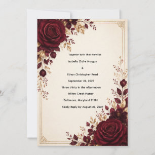 Invitación de boda de terciopelo burgundy y dorado