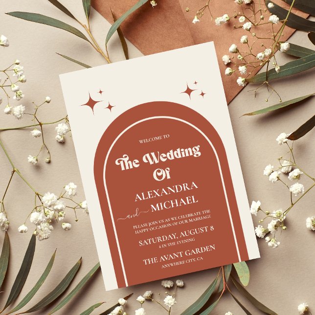 Invitación de boda de terracota con arco retro min (Subido por el creador)