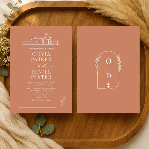 Invitación de boda de terracota con arte de línea 